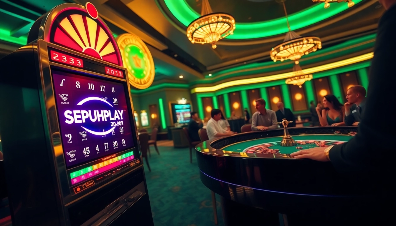 A vibrant casino scene showcasing the dynamic gameplay at situs sepuhplay with modern slot machines and enthusiastic players.