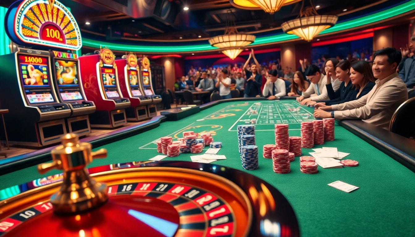 KQBD betting enthusiasts reveling in an exciting casino atmosphere with poker tables and vibrant slot machines.
