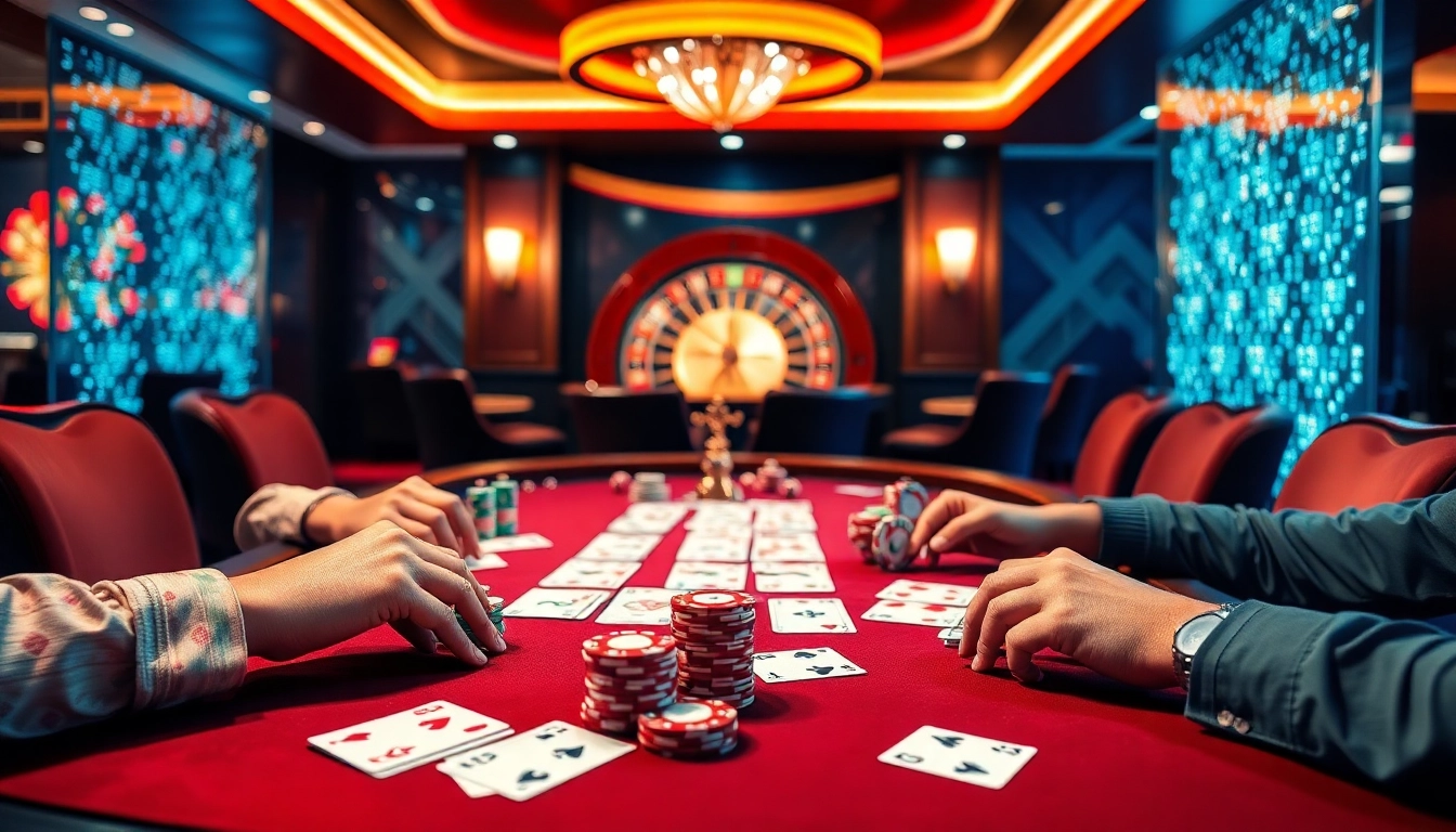 Engaging poker action with players at a table, showcasing experience from https://thabet.college/ casino.
