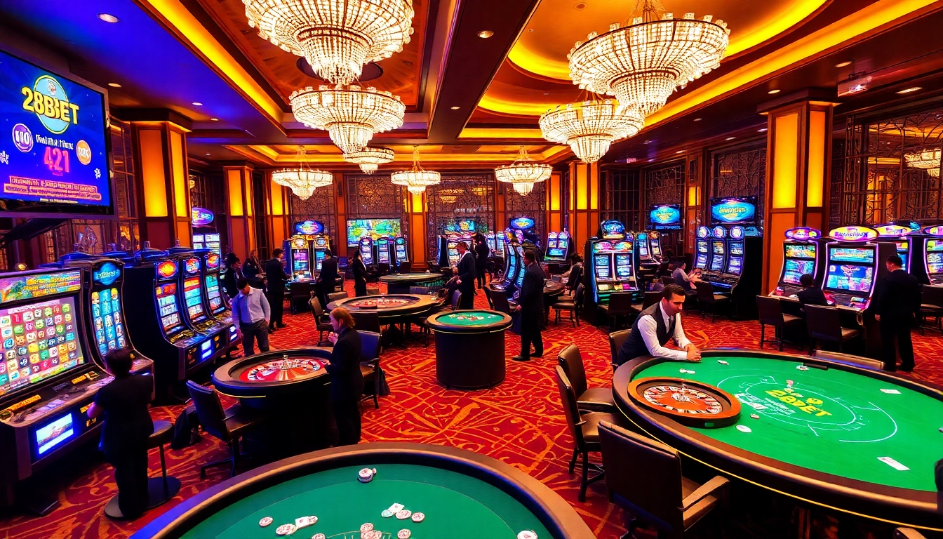 Players enjoying various 28bet games, showcasing an exciting casino atmosphere with vibrant lights.