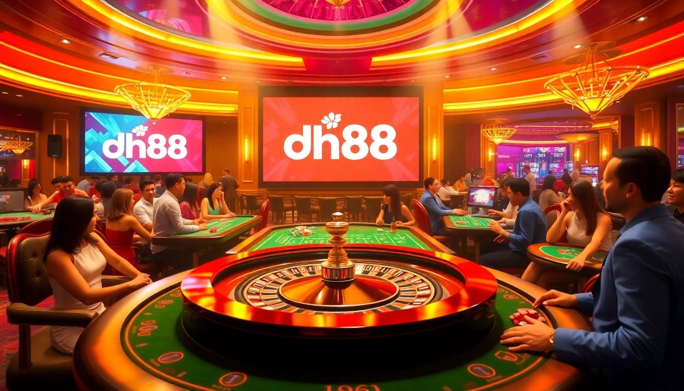 Players enjoying games at nhà cái dh88 with vibrant poker chips and an engaging casino atmosphere.