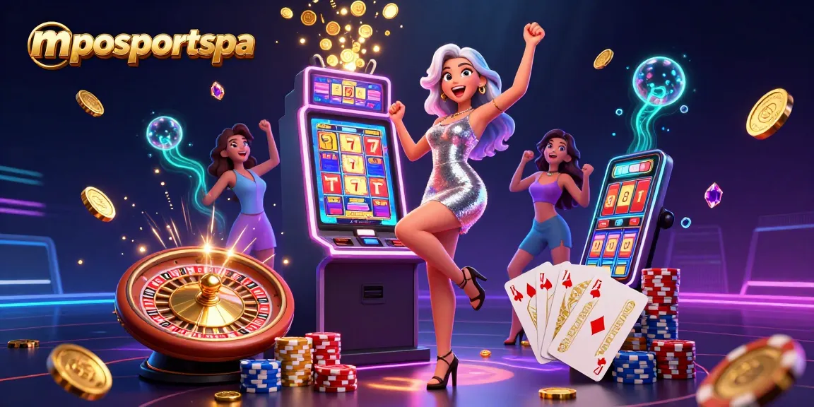 Mposportspa menampilkan suasana kasino yang hidup dengan seorang wanita yang penuh gioia merayakan jackpot.