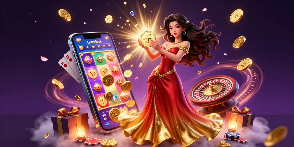 Socolive brings exciting gambling experiences with captivating visuals of a woman holding a golden coin amidst rich casino elements.