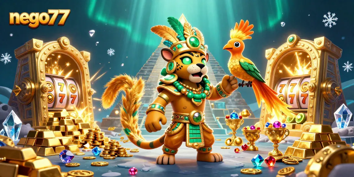 Nego77 reveals vibrant cartoon casino treasures amidst gold and gems, highlighting slot game excitement.