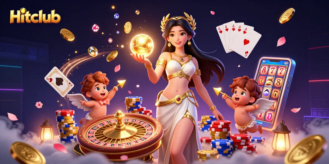 Engage with the vibrant Hitclub-themed casino scene featuring a Grecian goddess and cherubs.