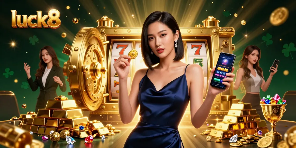 Experience the excitement of luck8 with a stunning Asian woman showcasing casino app features and golden chips.