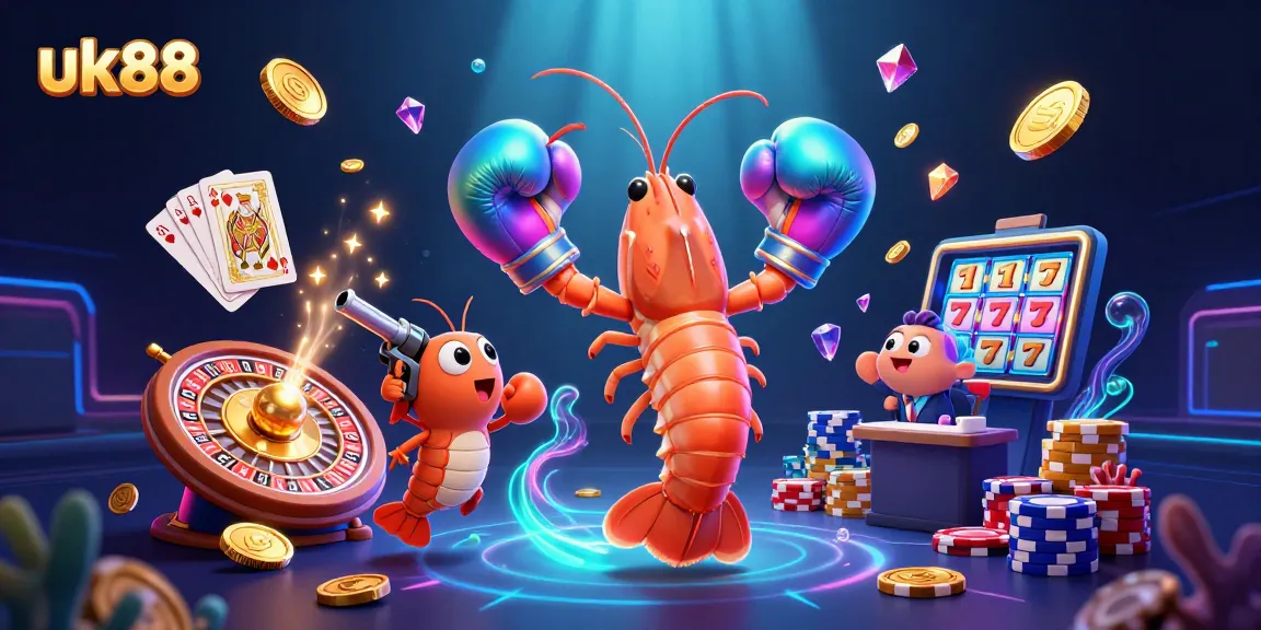 uk88 showcases the fun of gaming with mantis shrimp and exciting casino elements like golden coins and roulette.