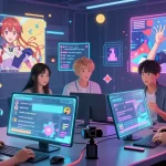 Engaging hentai ai chat scene with diverse anime characters in a futuristic digital chatroom