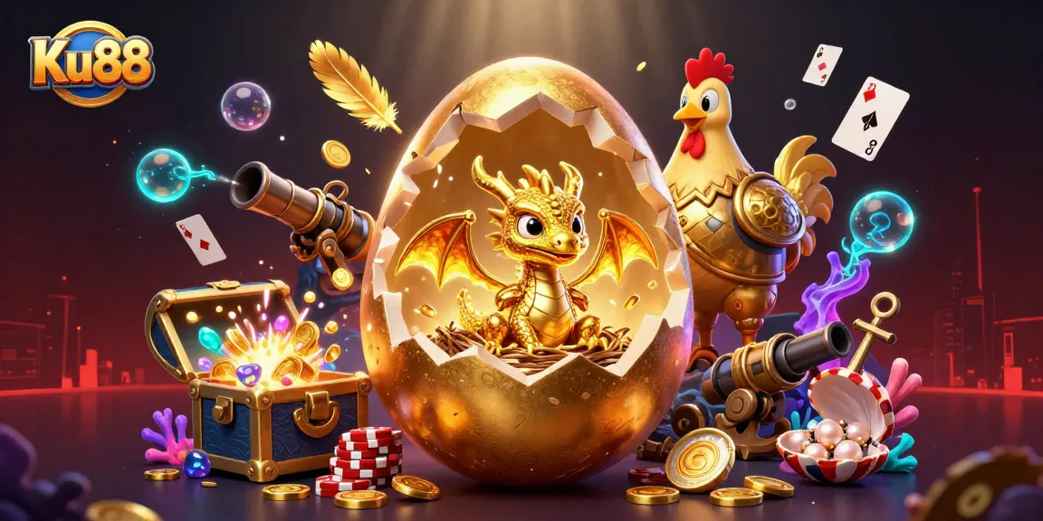 Engage with Ku88's enchanting gaming scene featuring golden treasures and dynamic casino elements.