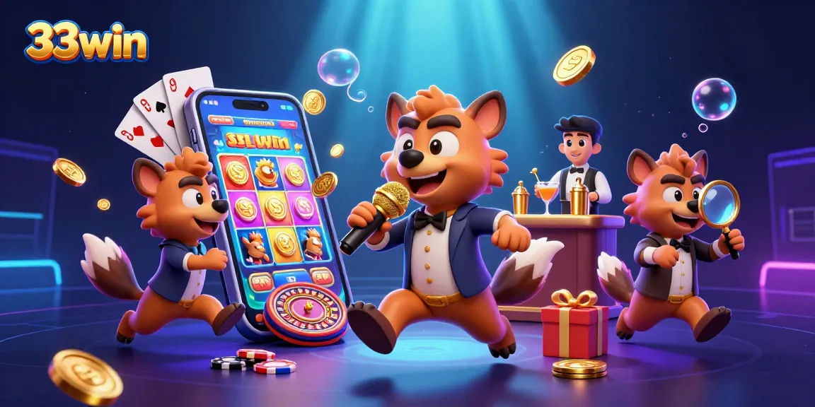 Engage in the vibrant world of 33win with hyenas at a comedy casino, featuring slot games and gaming elements.