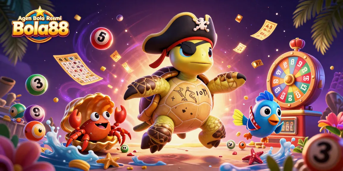 Engage with Agen Bola Resmi Bola88 through this vibrant 3D illustration of festive casino elements, filling the scene.