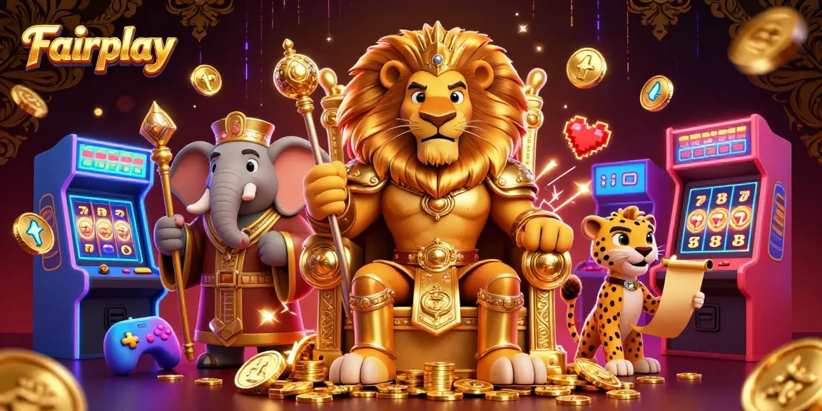 Engage in Fairplay with a dynamic casino scene featuring a lion king, elephant advisor, and cheetah messenger.
