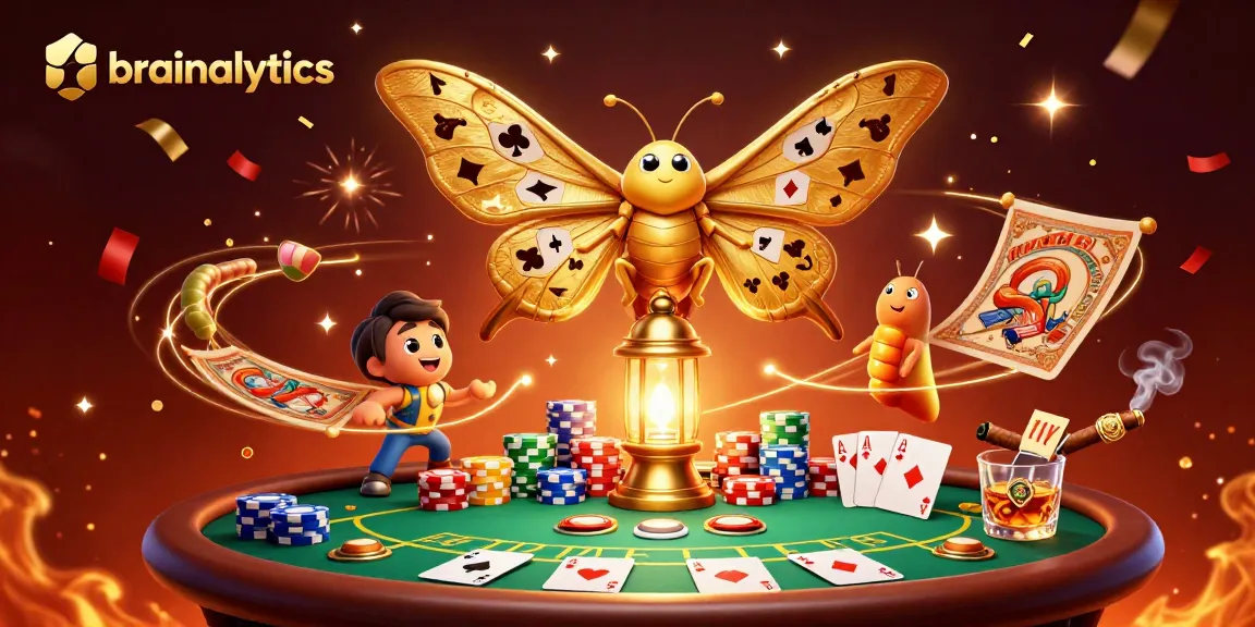 Engage in gaming fun with brainalytics, featuring vibrant card-themed moths in a buzzing casino atmosphere.