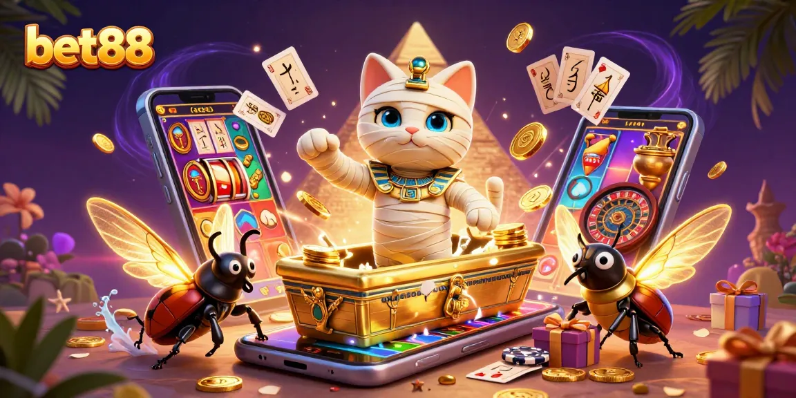Experience thrilling gaming with bet88 as an Egyptian mummy cat unveils ancient riches.