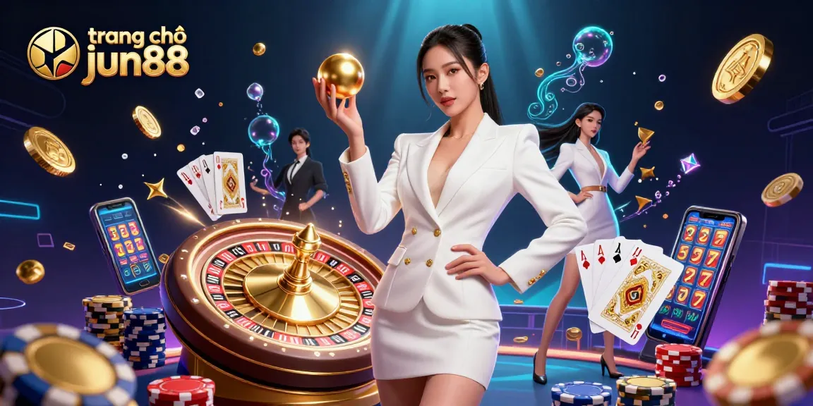 Engage with the thrilling world of trang chủ jun88 as a stunning Asian model showcases elegance in casino elements while holding a golden roulette ball.