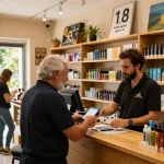 The legal age to vape in Cyprus is 18; a responsible vape shop scene showing age verification and quality vape products in a welcoming atmosphere.