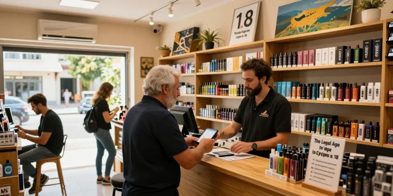 The legal age to vape in Cyprus is 18; a responsible vape shop scene showing age verification and quality vape products in a welcoming atmosphere.