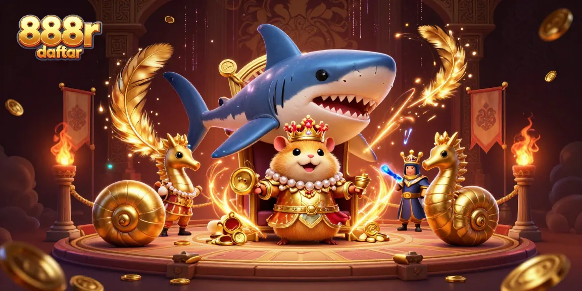 Engage in the exciting world of 888r daftar with a vibrant 3D illustration showcasing casino royalty and gaming elements.