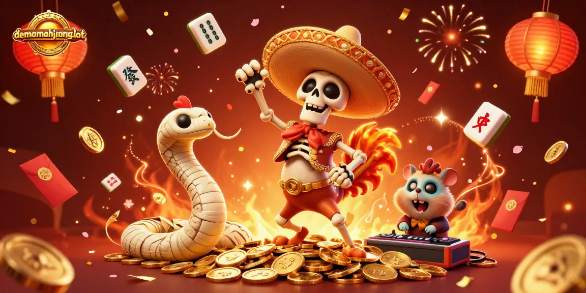 Experience the excitement of the demomahjongslot game with a lively illustration featuring festive characters.