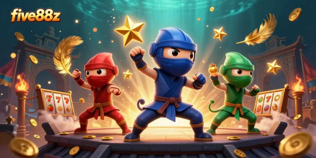 Engage with five88z as ninja chameleons showcase slots action in a vibrant casino arena.