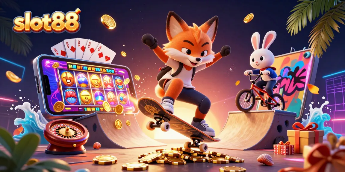 Bermain slot88 dengan slot online penuh aksi dan menghibur, dikelilingi unsur kasino.