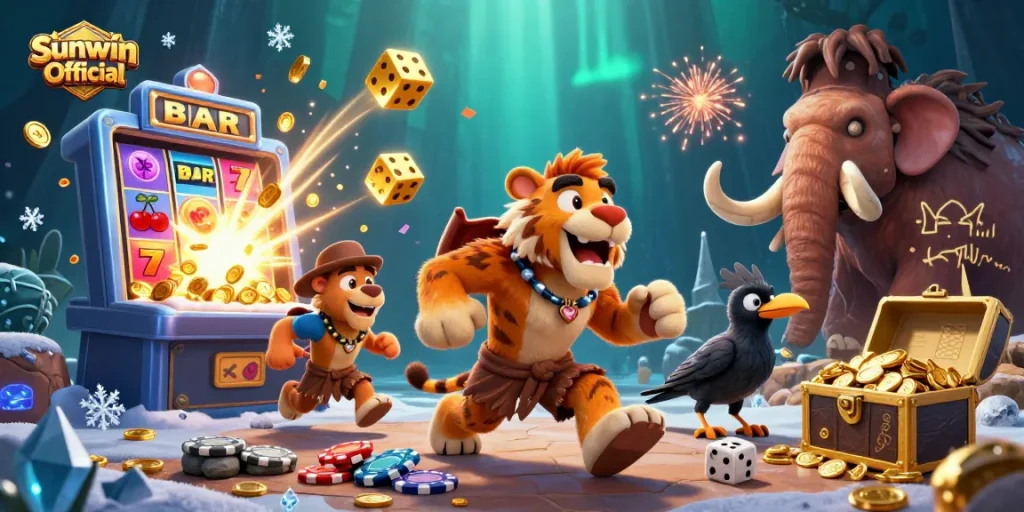 Engaging illustration of Sunwin Official showcasing a prehistoric casino adventure with vibrant slot machines, dice, and unique characters.