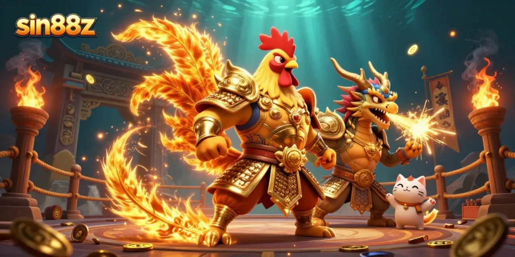 Join the action at sin88z with our fierce 3D illustrated rooster warrior in a vibrant casino arena.