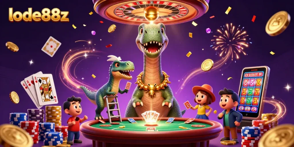 Engage with lode88z featuring a giant brontosaurus in a vibrant casino scene filled with action.
