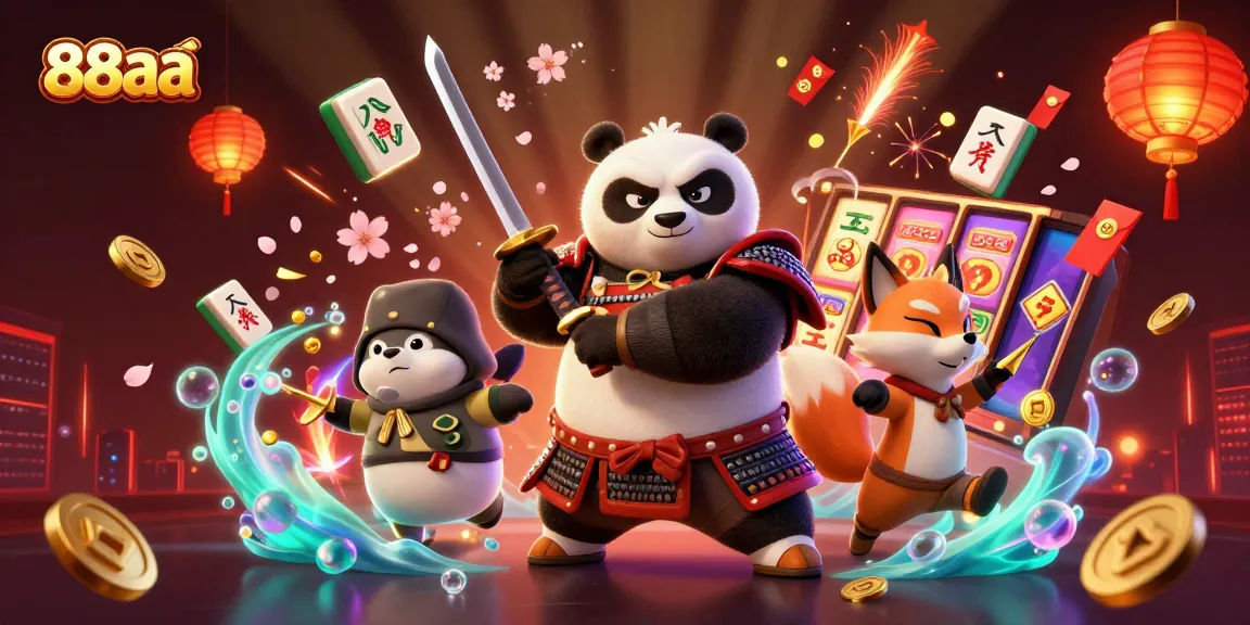 88aa's dynamic casino scene with a samurai panda, ninja fox, and magical tanuki, showcasing slot reels and vibrant game elements.