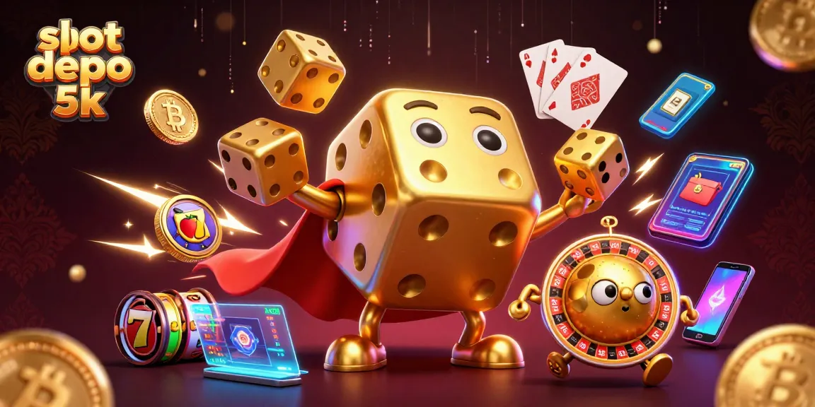 Play engaging slot depo 5k with a vibrant 3D illustration of a casino scene filled with dynamic gaming elements.