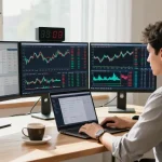 Трейдер анализирует отзывы bitmex в современном домашнем офисе перед экранами с графиками