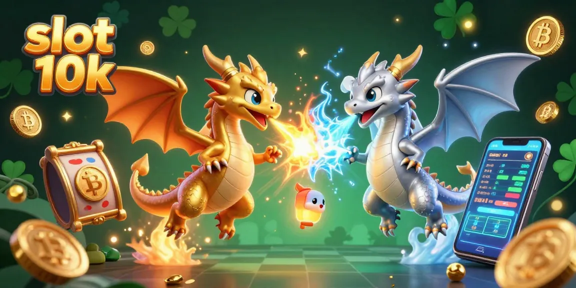 Experience the thrill of slot 10k as twin dragons battle amidst vibrant casino elements in a dynamic 3D scene.