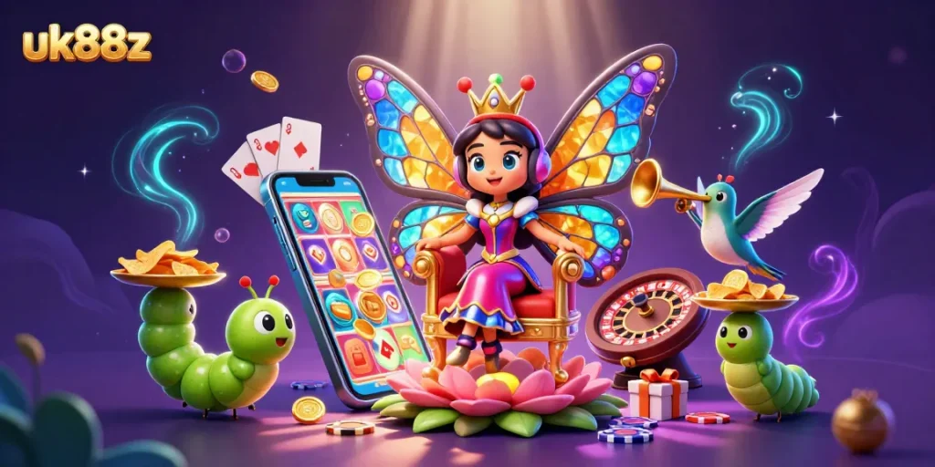 Experience the thrill of gaming with uk88z featuring a vibrant butterfly queen and lively casino elements.