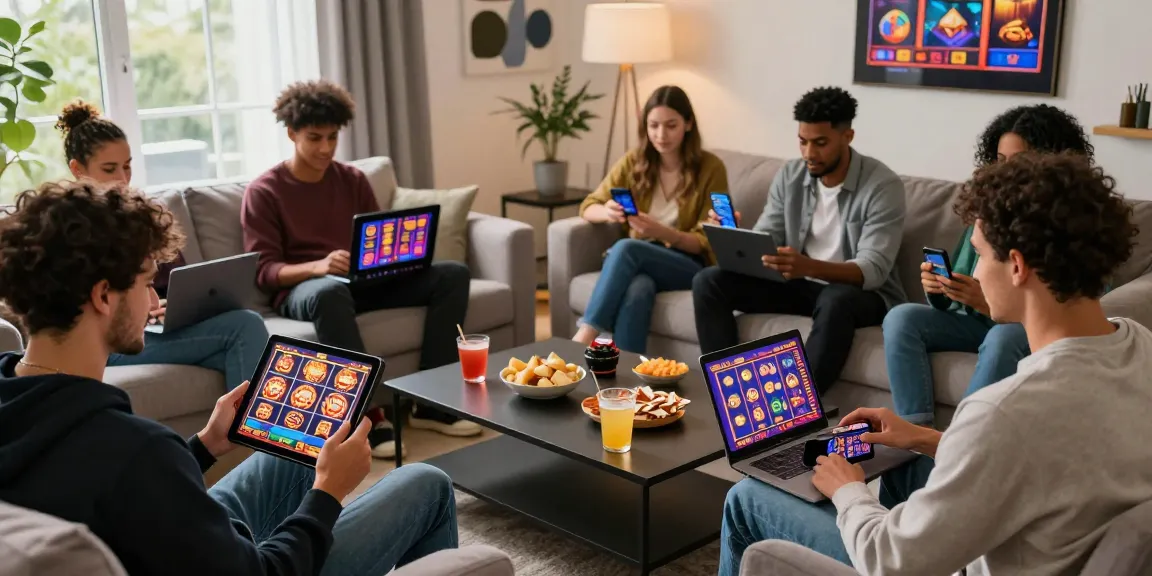 Engaging scene of players enjoying new UK slot sites on multiple devices, showcasing vibrant graphics and a cozy gaming atmosphere.