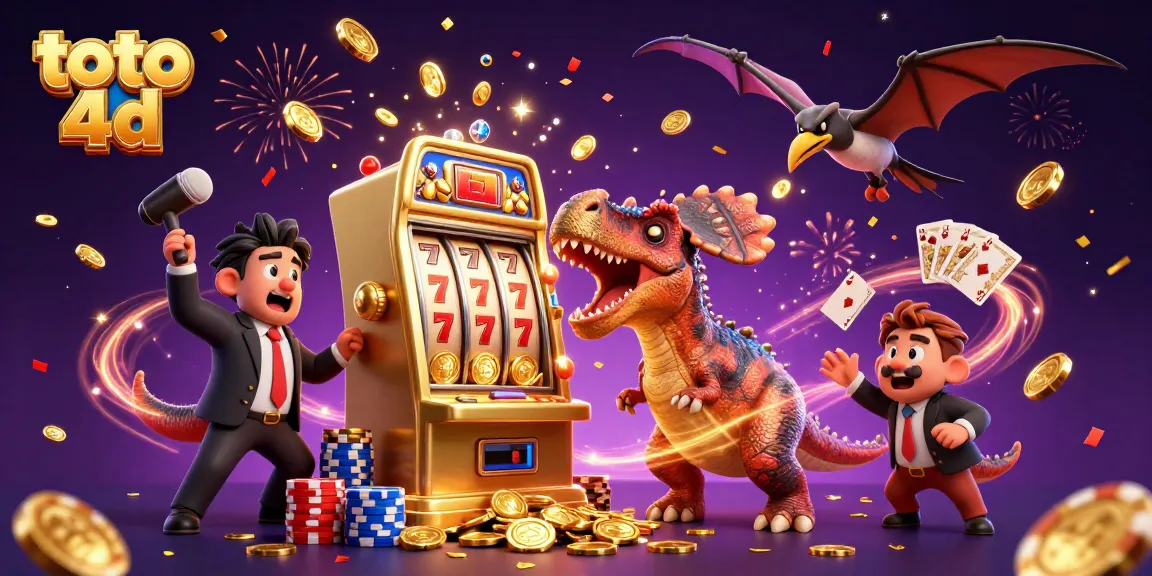 Toto 4D excitement captured as a cartoon dinosaur triggers a slot machine jackpot in a vibrant casino scene.