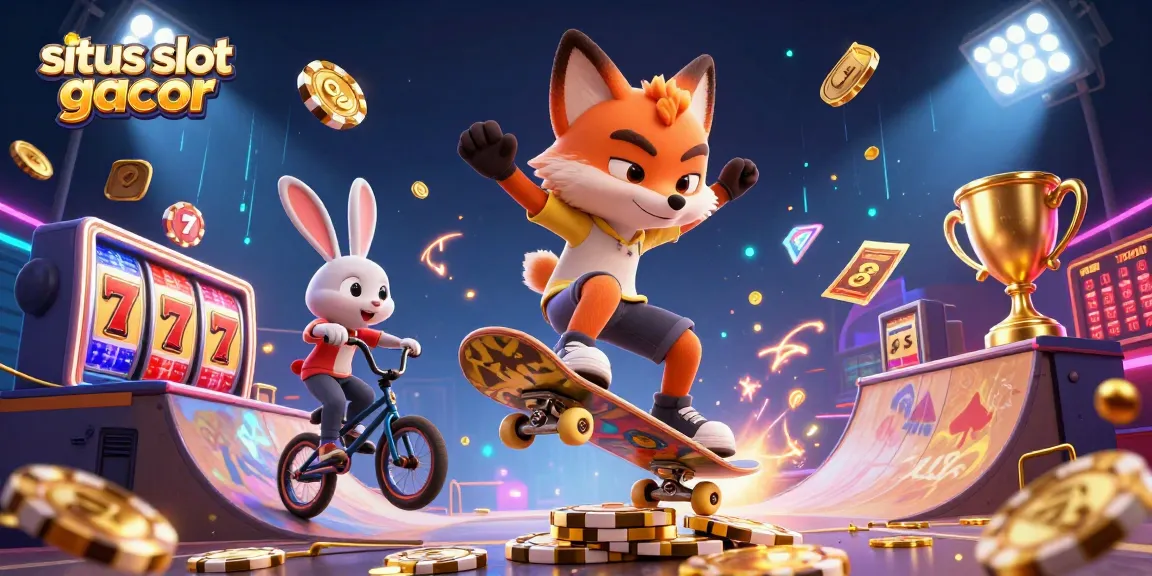 Engaging illustration featuring a skateboarder fox and BMX rabbit near colorful casino elements for situs slot gacor promotion.