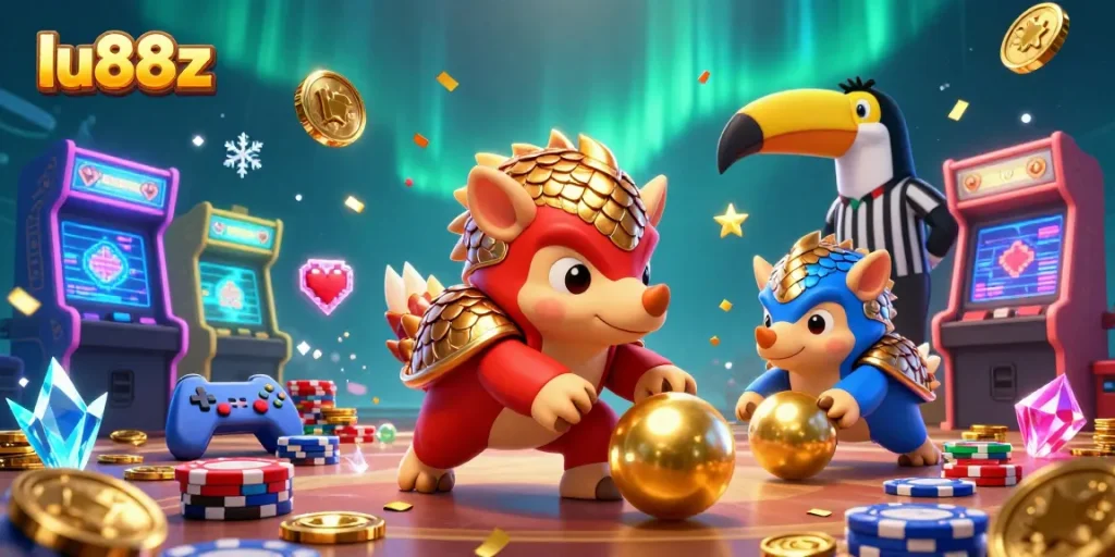 Experience exciting wins with lu88z in a vibrant 3D gambling scene featuring animated pangolins and poker chips.