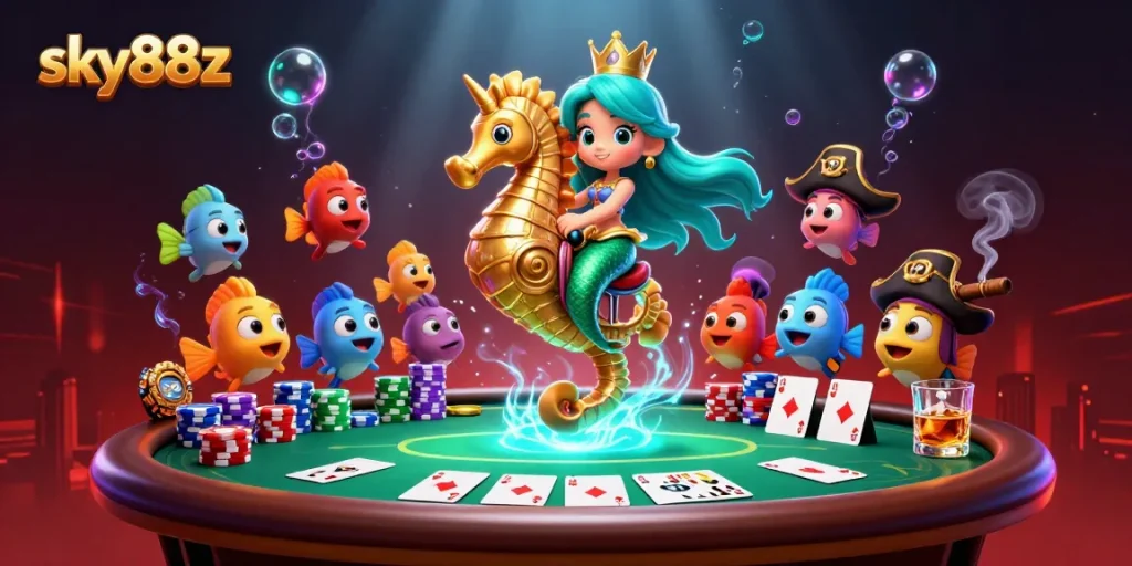 Engaging illustration of the sky88z mermaid princess at a vibrant poker table amidst an underwater scene.