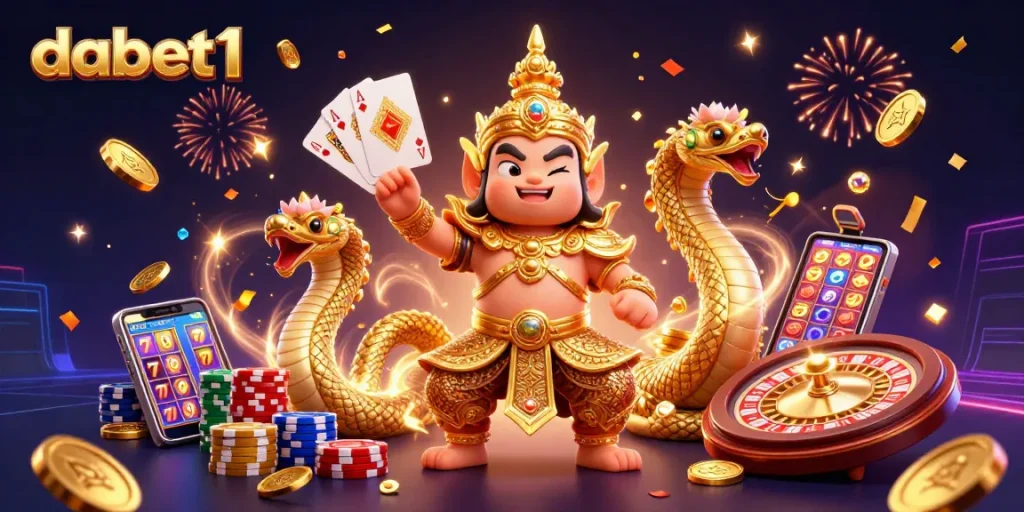 Engage with dabet1's vibrant casino scene featuring a guardian, Naga, and dazzling gaming elements.