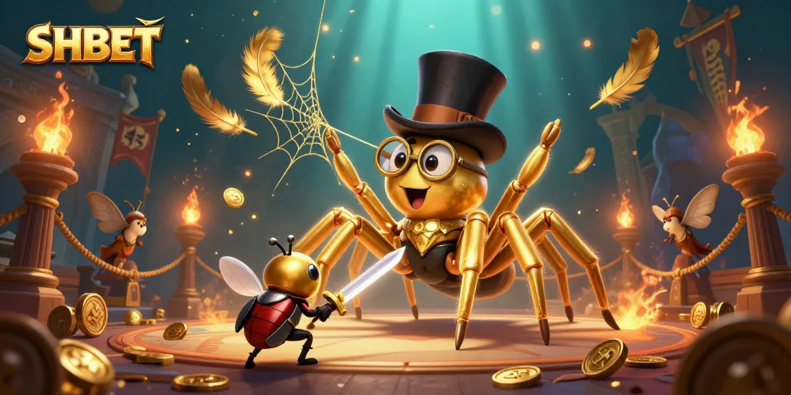 Engage in thrilling games at SHBET with a golden tarantula promoting exciting betting adventures.
