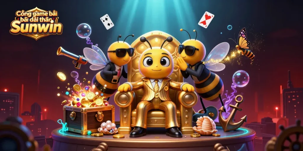 Cổng game bài đổi thưởng Sunwin offers an engaging underwater treasure experience with a dynamic scene featuring animated characters and exciting game elements.