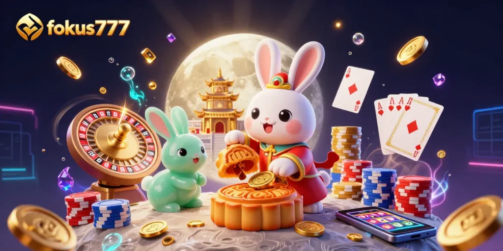 Spin and win with fokus777, featuring a lunar-themed casino scene full of gold and excitement.