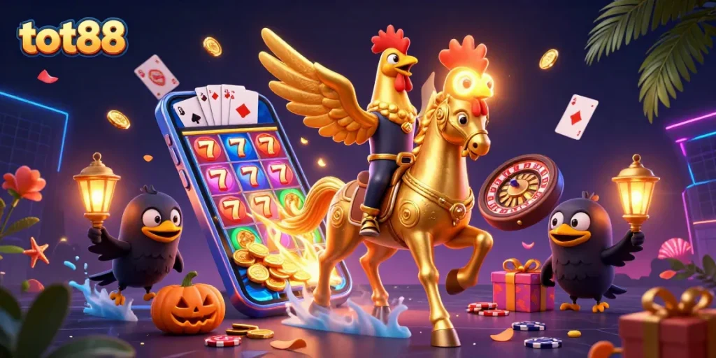 Experience the thrill of tot88 with a dazzling golden rooster traveling through a vibrant casino.