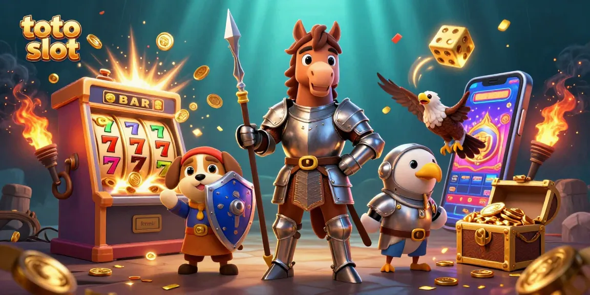 Join the adventure in toto slot with knights, slots, and treasure in a vibrant 3D casino scene.