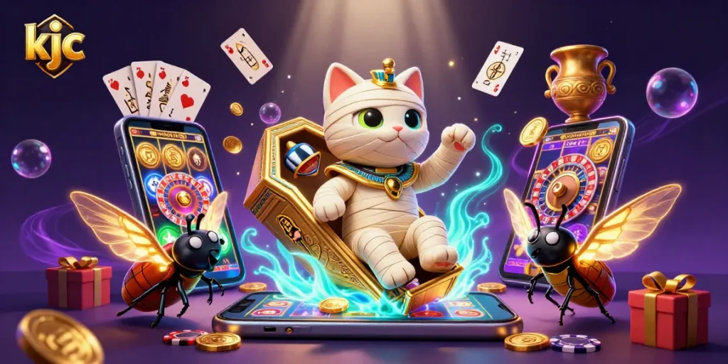 Engage with KJC's thrilling gaming experience showcasing an Egyptian mummy cat in a vibrant casino.