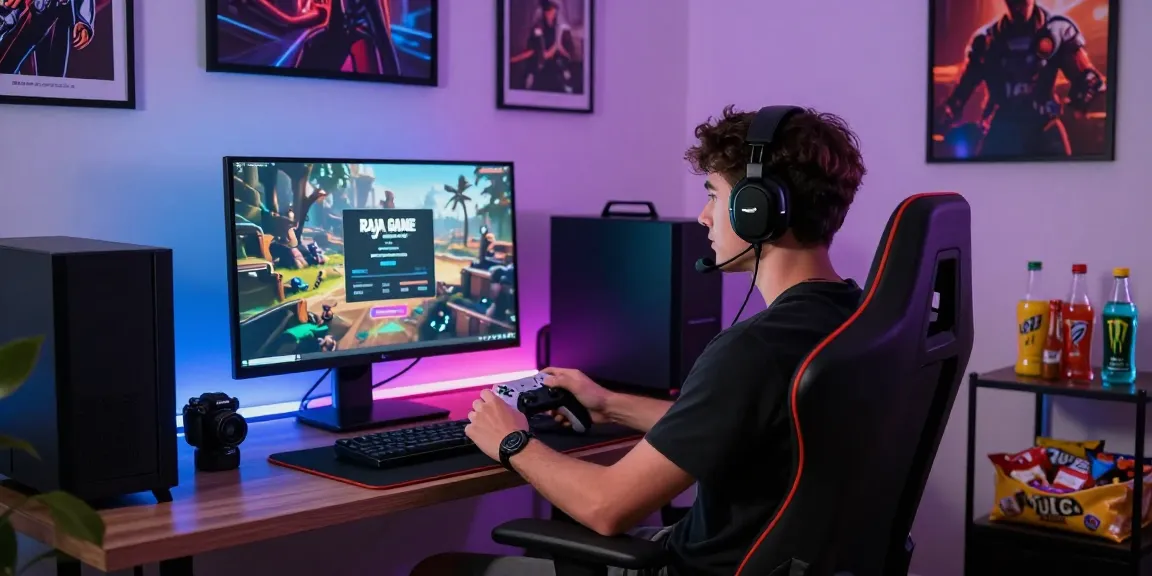 Raja Game login screen displayed on monitor in a vibrant gaming workspace.