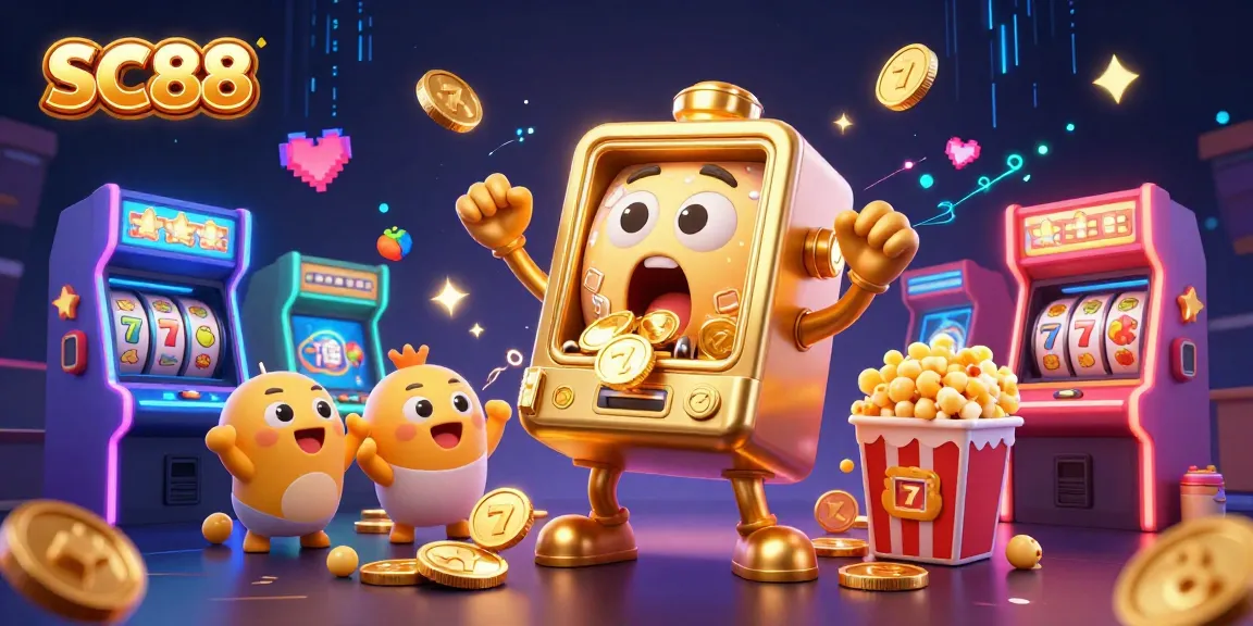 Feel the excitement of SC88 as the golden slot machine hits a jackpot, surrounded by cheering baby slots and vibrant casino elements.