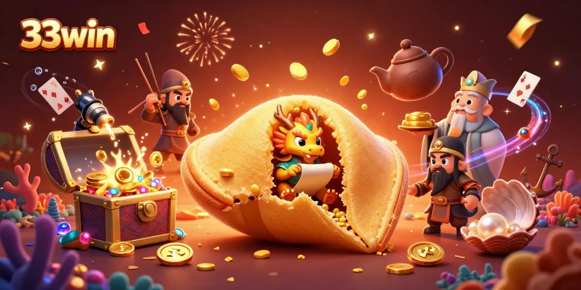 Experience the excitement of 33win with a vibrant illustration of winning treasures and characters.
