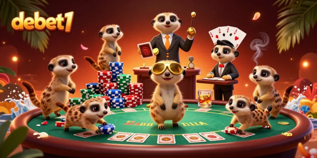 Engage in the excitement of debet1 with meerkats managing an animated casino setup.