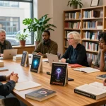 A diverse group discussing spirituality and UFO phenomena at https://tallengreenfield.com with stacks of books including UFOnauts.